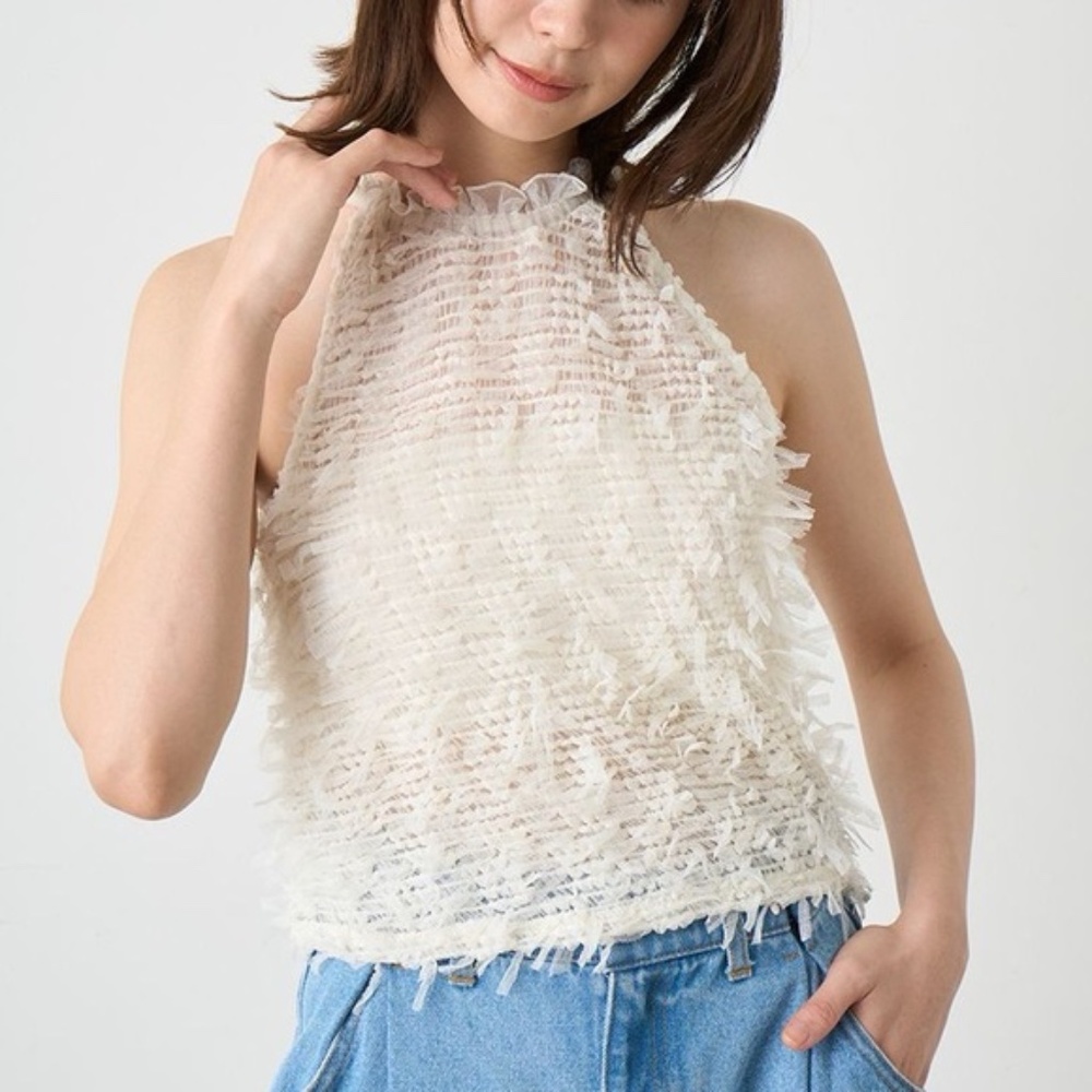 Snidel White Halter Neck Cropped Cami Top Fringe Shirred Tulle Ribbon View 2
